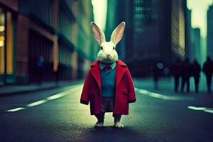 a rabbit wearing a red coat and tie standing in the middle of a city street. AI-Generated photo