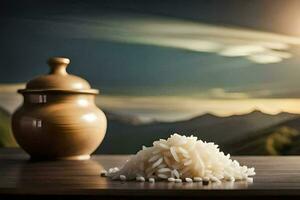 el arroz es metido en el mesa en frente de un de madera bol. generado por ai foto