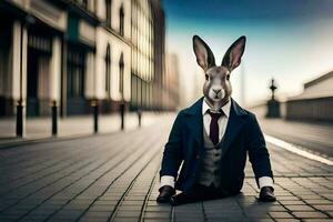 un Conejo vestido en un traje y Corbata se sienta en el suelo. generado por ai foto