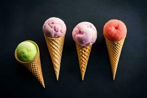 four different flavors of ice cream in cones. AI-Generated photo