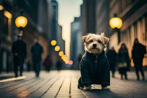 a small dog standing on a city street. AI-Generated photo
