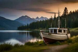 a boat sits on the shore of a lake at sunset. AI-Generated photo