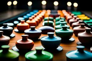 many colorful vases are lined up on a table. AI-Generated photo