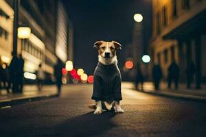 a dog in a sweater standing on the street at night. AI-Generated photo