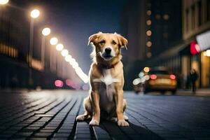 a dog sitting on the street at night. AI-Generated photo