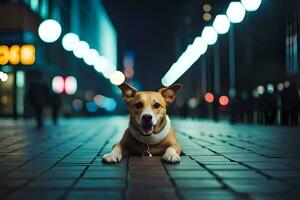 a dog sitting on the ground in a city at night. AI-Generated photo