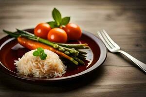 un plato con arroz, espárragos y zanahorias en él. generado por ai foto