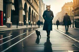 un hombre y gato caminando abajo un ciudad calle. generado por ai foto