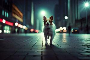 a dog walking on a city street at night. AI-Generated photo