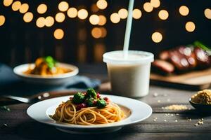 spaghetti and broccoli on a plate with a glass of milk. AI-Generated photo