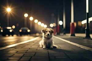 a dog sitting on the street at night. AI-Generated photo