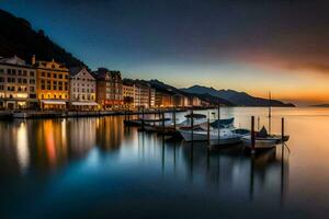 boats docked at the water's edge at sunset. AI-Generated photo