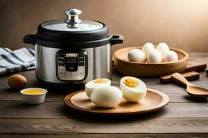 instant pot and eggs on a wooden table. AI-Generated photo