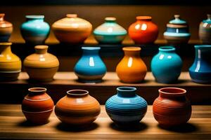 a row of colorful vases on a shelf. AI-Generated photo