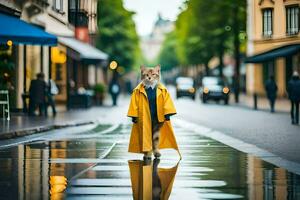 un zorro en un amarillo impermeable caminando abajo un calle. generado por ai foto