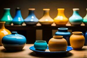 a row of colorful vases on a wooden shelf. AI-Generated photo