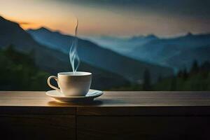 a cup of coffee on a balcony overlooking the mountains. AI-Generated photo