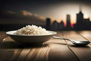 a bowl of rice and a spoon on a wooden table. AI-Generated photo