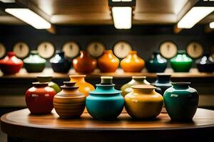 a row of colorful vases on a wooden table. AI-Generated photo