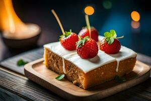 a piece of cake with strawberries and cream on a wooden plate. AI-Generated photo