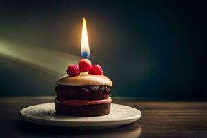 a small chocolate cake with a candle on top. AI-Generated photo