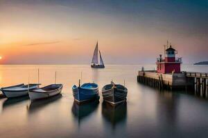 barcos atracado a el muelle a puesta de sol. generado por ai foto