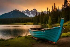 the boat is on the shore of a lake at sunset. AI-Generated photo