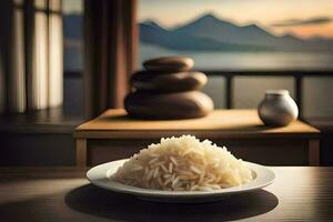 rice in a white plate on a table with mountains in the background. AI-Generated photo