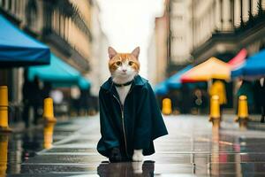 a cat in a coat standing on a wet street. AI-Generated photo