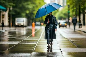 a woman walking down a street with an umbrella. AI-Generated photo