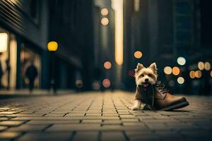 un pequeño perro sentado en un ladrillo calle en el medio de el noche. generado por ai foto