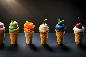 a row of ice cream cones with different flavors. AI-Generated photo