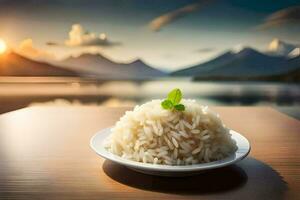 a plate of rice with a view of mountains and lake. AI-Generated photo