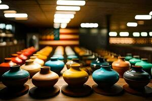 a row of colorful vases on a table. AI-Generated photo