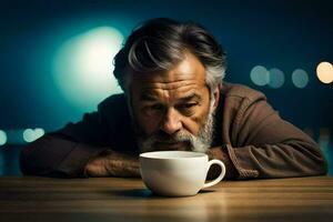 a man with a beard and a cup of coffee. AI-Generated photo