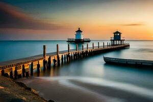 a pier with two lighthouses at sunset. AI-Generated photo