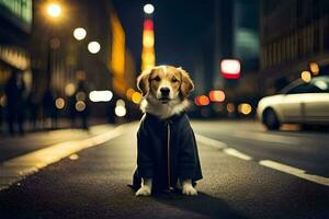 a dog in a coat standing on the street at night. AI-Generated photo