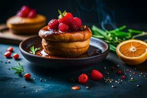 un plato con un Pastelería con bayas y especias generado por ai foto