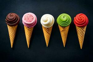 five different ice cream cones in different colors. AI-Generated photo