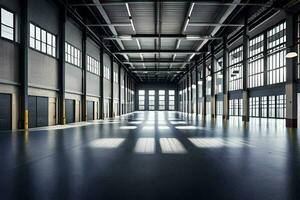 an empty warehouse with lots of windows. AI-Generated photo