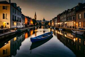 a boat is docked in a canal at dusk. AI-Generated photo