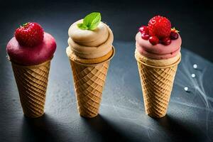 three ice cream cones with different flavors. AI-Generated photo