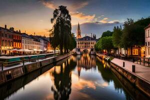 el ciudad de brujas, Bélgica a puesta de sol. generado por ai foto