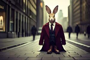 a rabbit wearing a suit and tie sits on the street. AI-Generated photo