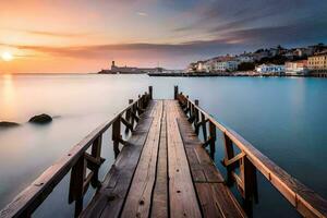 a wooden pier stretches out into the ocean at sunset. AI-Generated photo