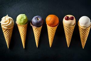 five different ice cream cones with different flavors. AI-Generated photo