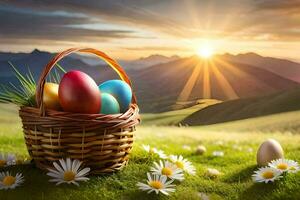 easter eggs in a basket on a grassy field. AI-Generated photo