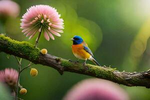 a blue and orange bird is perched on a branch with pink flowers. AI-Generated photo