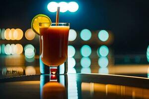 un vaso de naranja jugo con un Lima en el mesa. generado por ai foto