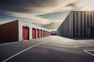 a large warehouse with two red doors. AI-Generated photo